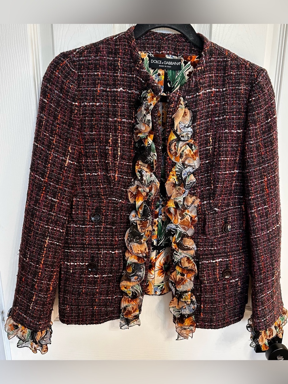 Dolce & Gabbana Burgundy Tweed Blazer w/Floral Ruffle Silk Trim EU 42 US 6 $2500